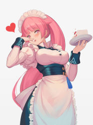 Rule 34 | 1girl, breasts, cake, covered erect nipples, food, girls&#039; frontline, highres, large breasts, long hair, maid, ntw-20 (girls&#039; frontline), pink eyes, pink hair, ponytail, solo, white background