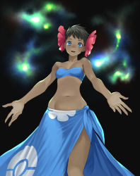 Rule 34 | 1girl, absurdres, black background, black hair, blue eyes, blue sarong, blush, breasts, collarbone, creatures (company), dark-skinned female, dark skin, elite four, energy, female focus, flower, game freak, hair flower, hair ornament, happy, highres, navel, nintendo, nose blush, open mouth, outstretched arm, phoebe (pokemon), pink flower, poke ball symbol, poke ball theme, pokemon, pokemon rse, sarong, short hair, small breasts, smile, solo, standing, stomach, strapless, teeth, tube top, turiganesou800