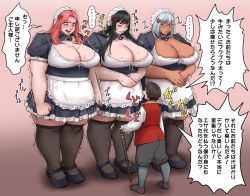 Rule 34 | 1boy, 3girls, age difference, anger vein, angry, black hair, black legwear, blush, breasts, cleavage, closed eyes, dark skin, fat, height difference, herohero tom, heroherotom, huge breasts, long hair, maid headdress, mary janes, multiple girls, red eyes, red hair, shaking, shoes, short hair, silver hair, size difference, sweat, thighhighs, translation request