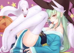 Rule 34 | 1girl, aqua hair, bad id, bad pixiv id, bare shoulders, breasts, bugbook, candy, cleavage, fate/grand order, fate (series), fingernails, food, hat, horns, jack-o&#039;-lantern, japanese clothes, kimono, kiyohime (fate), large breasts, lollipop, long fingernails, long hair, nail polish, off shoulder, red nails, snake, solo, thighhighs, tongue, tongue out, white snake, white thighhighs, witch hat, yellow eyes