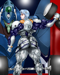 Rule 34 | 1girl, ass, ayanami rei, back, barbell, bodysuit, dumbbell, exercising, extreme muscles, female focus, highres, muscular, neon genesis evangelion, plugsuit, s20k00y, skin tight, solo, veins, weightlifting, weights