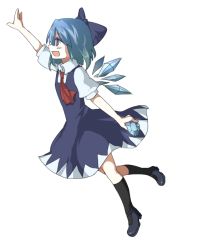 Rule 34 | 1girl, bad id, bad pixiv id, blue hair, cirno, dress, embodiment of scarlet devil, female focus, full body, ice, kame, ribbon, short hair, simple background, smile, solo, touhou, white background, wings