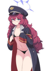 Rule 34 | armband, bikini, bikini under clothes, black bikini, black eyes, black hat, blue archive, blush, closed mouth, cowboy shot, expressionless, halo, hat, highres, iroha (blue archive), long hair, long sleeves, looking at viewer, micro bikini, navel, poorgom, red hair, safety pin, simple background, sleeves past fingers, sleeves past wrists, swimsuit, very long hair, white background