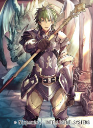 Rule 34 | 1boy, armor, armored boots, blue eyes, boots, dragon, dragon wings, fire emblem, fire emblem: the blazing blade, fire emblem cipher, gloves, green hair, heath (fire emblem), male focus, multicolored hair, nagahama megumi, nintendo, official art, open mouth, polearm, solo, spear, teeth, two-tone hair, weapon, white hair, wings