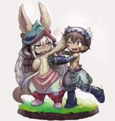 Rule 34 | 1boy, 1girl, ;d, animal ears, bad id, bad pixiv id, blush, brown eyes, brown hair, ears through headwear, facial mark, fake horns, flying sweatdrops, full body, furry, grass, green eyes, hair between eyes, hand on another&#039;s head, helmet, horned helmet, horns, jagaimo (kkamja), looking at another, made in abyss, nanachi (made in abyss), nose blush, one eye closed, open mouth, outstretched arms, pants, pointy ears, puffy pants, regu (made in abyss), short hair, smile, standing, standing on one leg, tail, thick eyebrows, topless, white hair