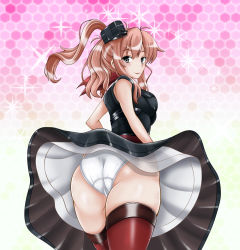 Rule 34 | 1girl, ass, black dress, brown hair, clothes lift, dress, from behind, grey eyes, kantai collection, looking at viewer, looking back, neckerchief, panties, pantyshot, pink background, ponytail, red neckerchief, red thighhighs, saratoga (kancolle), side ponytail, sidelocks, smokestack, solo, sparkle, thighhighs, tk (butakuma), underwear, white panties