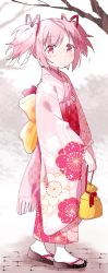 Rule 34 | 1girl, ^^^, alternate costume, ayumaru (art of life), back bow, bag, bare tree, blurry, blurry background, bow, bush, checkered clothes, checkered kimono, coin purse, dot nose, flat chest, floor, floral print, fringe trim, full body, hair ribbon, handbag, highres, holding, holding bag, japanese clothes, kaname madoka, kaname madoka (haregi ver.), kimono, light blush, light particles, looking at viewer, magia record: mahou shoujo madoka magica gaiden, mahou shoujo madoka magica, obi, okobo, parted lips, pink eyes, pink hair, pink kimono, polka dot, red sash, ribbon, sandals, sash, shade, short twintails, solo, standing, stone floor, striped clothes, striped kimono, surprised, tabi, tareme, tree, twintails, v arms, walking, yellow bow