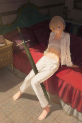 Rule 34 | 1girl, arm support, barefoot, bed, blonde hair, blue eyes, book, closed mouth, collared shirt, commentary, commission, cool4noodle, english commentary, feet, full body, hair between eyes, highres, indoors, knees together feet apart, leaning back, long sleeves, looking at viewer, navel, nightstand, on bed, open clothes, open shirt, original, pants, pillow, shirt, short hair, sitting, solo, sword, tile floor, tiles, toes, weapon, white pants, white shirt