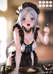 Rule 34 | 1girl, apron, blue eyes, blush, braid, breasts, choker, cleavage, collarbone, curry, curry rice, dated, food, harusame tsubaki, highres, holding, holding spoon, kantai collection, large breasts, leaning forward, long hair, maid headdress, mole, mole under eye, open mouth, rice, silver hair, single braid, sleeveless, solo, spoon, teeth, twitter username, umikaze (kancolle), upper teeth only, very long hair