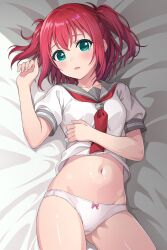 Rule 34 | 1girl, bed sheet, blush, bow, bow panties, green eyes, grey sailor collar, highres, kurosawa ruby, long hair, looking at viewer, love live!, love live! sunshine!!, lying, navel, neckerchief, on back, open mouth, panties, petchti, rabineru, red hair, red neckerchief, sailor collar, sailor shirt, school uniform, shirt, short sleeves, solo, stomach, two side up, underwear, uranohoshi school uniform, white panties, white shirt