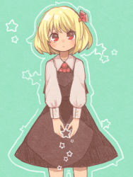 Rule 34 | 1girl, black skirt, black vest, blonde hair, blush, closed mouth, commentary request, green background, hair ornament, long sleeves, looking at viewer, partial commentary, red eyes, rumia, sasa kichi, skirt, solo, standing, star (symbol), touhou, vest