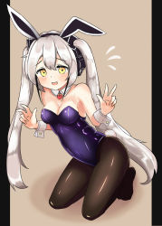 Rule 34 | 1girl, absurdres, animal ears, blush, breasts, cla (finesoda), cleavage, collarbone, destroyer (girls&#039; frontline), double v, fake animal ears, girls&#039; frontline, headphones, highres, kneeling, long hair, looking at viewer, open mouth, pantyhose, playboy bunny, rabbit ears, rabbit girl, silver hair, simple background, solo, twintails, v, yellow eyes