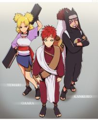 Rule 34 | 1girl, 2boys, blonde hair, brother and sister, brothers, character name, crossed arms, facepaint, facial mark, hand fan, fingerless gloves, fishnet top, forehead protector, gaara (naruto), gloves, gourd, hand on own hip, hat, kankuro, layered clothes, multiple boys, naruto, naruto (series), quad tails, red hair, sandals, sash, shueisha, siblings, skirt, teeth, temari (naruto)