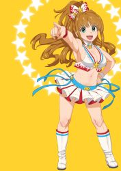 Rule 34 | 10s, 1girl, aqua eyes, bad id, bad pixiv id, belt, bikini, bikini top only, boots, bow, breasts, brown hair, cleavage, flame print, hair bow, hand on own hip, high ponytail, hino akane (idolmaster), hisakawa riho, idolmaster, idolmaster cinderella girls, knee boots, long hair, looking at viewer, open mouth, orange hair, pleated skirt, pointing, ribbon, skirt, solo, star (symbol), swimsuit, wrist cuffs, yellow background