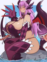 Rule 34 | 1girl, absurdres, ass, bikini, blue sky, blush, boots, breasts, bursting breasts, claws, cleavage, cleavage cutout, clothing cutout, cloud, curvy, dragon, dragon claw, dragon girl, dragon horns, dragon wings, extra mouth, g-string, gloves, happy, highres, horns, huge ass, huge breasts, jabberwock (monster girl encyclopedia), licking lips, looking at viewer, low wings, monster, monster girl, monster girl encyclopedia, monster girl encyclopedia ii, pink hair, red eyes, revealing clothes, ribbon, rock, sagging breasts, saliva, sitting, sky, smile, swimsuit, tentacles, thong, tongue, tongue out, water, waving, wings, yokuaka