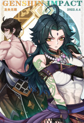 Rule 34 | 1boy, 1girl, absurdres, arm tattoo, blush, breasts, chinese clothes, cover, cover page, genderswap, genderswap (mtf), genshin impact, green hair, hand on own arm, highres, large breasts, longyangwumian, muscular, muscular male, ponytail, tattoo, xiao (genshin impact), yellow eyes, zhongli (genshin impact)