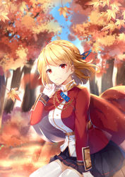 Rule 34 | 1girl, absurdres, arm support, autumn leaves, azur lane, blonde hair, blue sky, blurry, blurry background, blush, braid, breasts, chain, crown braid, day, earrings, floating hair, french braid, gloves, gold trim, hair ornament, hand up, highres, jacket, jewelry, large breasts, light particles, looking at viewer, outdoors, prince of wales (azur lane), red eyes, red jacket, short hair, sidelocks, sitting, sky, smile, solo, thighhighs, thighs, tree, white gloves, white thighhighs, wind, yuu li (glass)