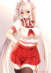 Rule 34 | 1girl, alternate costume, alternate hairstyle, artist name, black thighhighs, blush, bow, breasts, commentary request, contemporary, cowboy shot, crop top, fujiwara no mokou, gradient background, grey background, hair bow, hand on own hip, large breasts, long hair, looking at viewer, marota, midriff, miniskirt, navel, neckerchief, nose blush, pleated skirt, puffy short sleeves, puffy sleeves, red eyes, red neckerchief, red sailor collar, red skirt, sailor collar, sailor shirt, school uniform, serafuku, shirt, short sleeves, sidelocks, silver hair, skirt, solo, standing, thighhighs, thighs, touhou, twintails, twitter username, very long hair, white background, white bow, white shirt