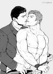 Rule 34 | 2boys, abs, bara, batman (series), bound, bound wrists, bruce wayne, closed eyes, collared shirt, couple, dc comics, evinist, french kiss, green lantern (series), hal jordan, highres, jacket, kiss, large pectorals, looking at another, male focus, male underwear, multiple boys, muscular, muscular male, navel, necktie, nipples, open pants, pants, pectorals, shirt, short hair, tongue, tongue out, topless male, underwear, yaoi