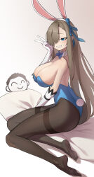 Rule 34 | 1boy, 1girl, :d, absurdres, animal ears, doodle sensei (blue archive), ass, asuna (blue archive), asuna (bunny) (blue archive), bare back, bare shoulders, bed sheet, black pantyhose, blue archive, blue eyes, blue leotard, bow, breasts, brown hair, cleavage, collarbone, commentary request, detached collar, elbow gloves, fake animal ears, fake tail, full body, gloves, grin, hair bow, hair over one eye, hair ribbon, hairband, highleg, highleg leotard, highres, large breasts, leotard, long hair, looking at viewer, no shoes, official alternate costume, open mouth, pantyhose, playboy bunny, rabbit ears, rabbit tail, ribbon, sensei (blue archive), sidelocks, simple background, sitting, sleeveless, smile, soles, strapless, strapless leotard, tail, toes, v, white background, white gloves, xiamu chiyu