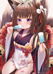 Rule 34 | 1girl, amagi-chan (azur lane), animal ear fluff, animal ears, azur lane, blush, chinese commentary, commentary request, eating, food, fox ears, fox girl, fox tail, hands up, highres, holding, holding food, japanese clothes, kimono, kitsune, kyuubi, long hair, long sleeves, looking at viewer, miaogujun, multiple tails, petals, popsicle, purple eyes, rope, shimenawa, short eyebrows, solo, tail, thick eyebrows, tongue, tongue out, twintails