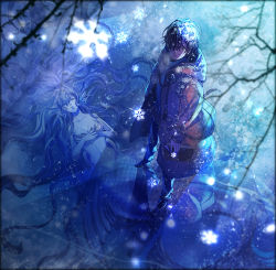 Rule 34 | 1boy, 1girl, air bubble, arms at sides, black border, black hair, blue theme, blurry, book, border, branch, breasts, bubble, cleavage, closed eyes, coat, depth of field, fantasy, fins, footprints, from above, frozen, frozen lake, glowing, hair over one eye, hands on own chest, head fins, holding, holding book, hood, hooded jacket, ice, jacket, legs apart, long hair, long sleeves, looking at viewer, looking away, mermaid, monster girl, navel, original, pants, parted lips, reflection, ribbed sweater, rope, saeldam, shoes, snow, snowflakes, snowing, standing, stomach, sweater, tassel, unconscious, very long hair, winter