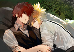 Rule 34 | 2boys, black vest, blonde hair, branch, cezaria, choppy bangs, closed eyes, closed mouth, collared shirt, giotto (reborn), green background, hair between eyes, highres, hug, katekyo hitman reborn!, male focus, multiple boys, open collar, parted lips, reclining, red hair, shirt, short hair, simon cozzato, sleeping, sleeves rolled up, spiked hair, suspenders, twitter username, upper body, vest, white shirt, yaoi