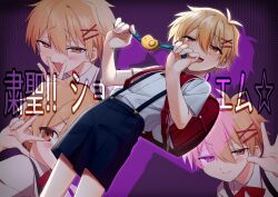Rule 34 | 1boy, absurdres, backpack, bag, black shorts, blonde hair, brown eyes, collared shirt, crime prevention buzzer, fang, hair ornament, hairclip, hand to own mouth, highres, holding, male focus, multiple views, omiyacha, open mouth, randoseru, shirt, shorts, shukusei!! loli-gami requiem, simple background, skin fang, smile, star (symbol), suspender shorts, suspenders, takao shinji, white shirt