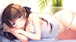 Rule 34 | 1girl, arm up, backlighting, bare arms, bare shoulders, bed sheet, blue eyes, blue ribbon, blush, breasts, brown hair, camisole, cleavage, commentary request, flower, groin, hair between eyes, hair ribbon, hand up, long hair, looking at viewer, lying, medium breasts, on side, original, panties, panty pull, parted lips, pillow, ribbon, sasai saji, signature, solo, strap slip, thighs, underwear, very long hair, white camisole, white flower, white panties