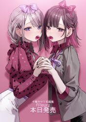 Rule 34 | 2girls, black nails, blue eyes, bow, braid, brown hair, cherry, chigusa minori, colored inner hair, commentary request, food, food in mouth, fruit, gradient nails, grey hair, grey jacket, hair bow, hair ornament, hairclip, highres, interlocked fingers, jacket, juliet sleeves, long hair, long sleeves, looking at viewer, multicolored hair, multiple girls, open clothes, open jacket, pink hair, puffy sleeves, purple background, purple bow, purple eyes, purple nails, purple shirt, saotome shino (shino to ren), shadow, shino to ren, shirayuki ren, shirt, skirt, translated, two-tone hair, white skirt, yuri