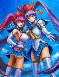 Rule 34 | 2girls, ass, blue eyes, blue sailor collar, blue skirt, bow, breasts, brooch, cave (developer), dual persona, elbow gloves, gloves, large breasts, long hair, multiple girls, mushihime-sama, mushihime-sama futari, oil painting (medium), painting (medium), purple hair, reco, sailor collar, skirt, tafuto, thighhighs, traditional media, twintails, very long hair, white legwear, wing brooch