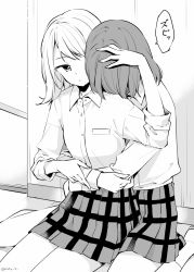 Rule 34 | 2girls, collared shirt, commentary request, greyscale, hand on another&#039;s head, hazuki natsu, head down, highres, hug, hug from behind, looking at another, monochrome, multiple girls, one eye covered, original, shirt, speech bubble, translation request, twitter username, yuri