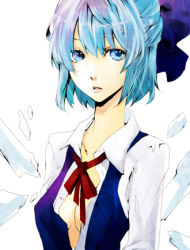 Rule 34 | 1girl, aged up, apt, bad id, bad pixiv id, blue eyes, blue hair, bow, cirno, embodiment of scarlet devil, hair bow, lowres, matching hair/eyes, open clothes, open shirt, shirt, short hair, simple background, solo, touhou, ut (apt), wings