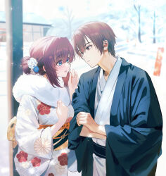 1boy 1girl 2025 a-chan_(little_busters!) alternate_costume alternate_hairstyle black_kimono blue_eyes blue_flower blurry blurry_background blush brown_eyes brown_hair commentary couple cowboy_shot dated_commentary day eye_contact eyelashes floral_print floral_print_kimono flower fur-trimmed_kimono fur_trim furisode hair_between_eyes hair_bun hair_flower hair_ornament hands_in_opposite_sleeves hands_up hatsumoude hetero highres japanese_clothes kanzashi kimono little_busters! long_sleeves looking_at_another miiizuno_lbs natsume_kyousuke new_year outdoors parted_lips print_kimono rose short_hair shrine single_hair_bun smile snowing white_flower white_kimono white_rose wide_sleeves winter