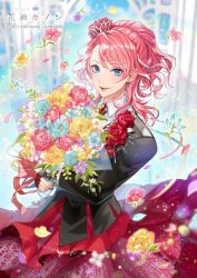 Rule 34 | 1boy, aqua flower, arch, black jacket, black nails, blue eyes, bouquet, boutonniere, brooch, collared shirt, copyright notice, diamond earrings, earrings, eyeshadow, flower, hair flower, hair ornament, half updo, hanayura kanon, holding, holding bouquet, indie virtual youtuber, jacket, jewelry, looking at viewer, makeup, male focus, matsurika youko, medium hair, nail polish, official art, parted lips, pink eyeshadow, pink flower, pink hair, pink rose, red flower, red rose, red skirt, rose, shirt, skirt, smile, solo, stud earrings, swept bangs, upper body, virtual youtuber, white flower, white shirt, yellow flower, yellow rose
