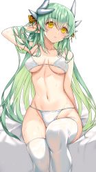 Rule 34 | 1girl, bikini, blush, breasts, cleavage, dragon girl, dragon horns, fate/grand order, fate (series), green hair, hair ornament, hand in own hair, highres, horns, kiyohime (fate), long hair, looking at viewer, medium breasts, morizono shiki, parted lips, sitting, solo, swimsuit, thighhighs, thighs, underwear, wet, white bikini, white thighhighs, yellow eyes