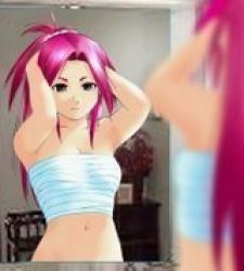 Rule 34 | 1girl, armpits, arms behind head, arms up, bandages, bare shoulders, black eyes, long hair, lowres, mirror, navel, pink hair, ponytail, reflection, sarashi, smile, solo