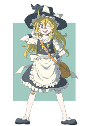 Rule 34 | 1girl, ;p, apron, bag, bandaid, bandaid on face, bandaid on knee, bandaid on leg, bandaid on nose, black footwear, black hat, black skirt, black vest, blonde hair, blue eyes, blush, bow, braid, commentary request, drawstring, frilled apron, frills, full body, green background, hair between eyes, hair bow, hand on own hip, hand up, hat, hat bow, highres, hood, hoodie, inuno rakugaki, kirisame marisa, long hair, looking at viewer, m/, one eye closed, petticoat, puffy short sleeves, puffy sleeves, satchel, shoes, short sleeves, single braid, skirt, skirt set, smile, solo, standing, star (symbol), tongue, tongue out, touhou, two-tone background, vest, waist apron, white apron, white background, white bow, white hoodie, witch hat, wristband