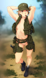 Rule 34 | 1girl, armpits, artist request, bare arms, bare legs, belt, boots, bulletproof vest, cleft of venus, female soldier, functionally nude, hat, knife, military, military hat, military uniform, navel, no bra, no panties, nude, open clothes, original, outdoors, pussy, scar, scar on face, socks, soldier, solo, uniform, walkie-talkie, weapon, white socks