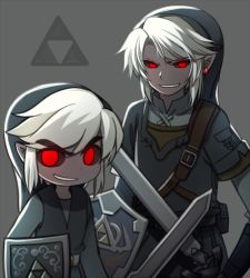 Rule 34 | 2boys, black sclera, colored sclera, dark link, dark persona, earrings, evil grin, evil smile, grin, hat, holding, holding shield, holding sword, holding weapon, hylian shield, jewelry, link, male focus, master sword, multiple boys, nintendo, pointy ears, pouch, red eyes, shield, smile, sword, the legend of zelda, the legend of zelda: skyward sword, the legend of zelda: the wind waker, toon link, triforce, tunic, weapon, white hair, wusagi2