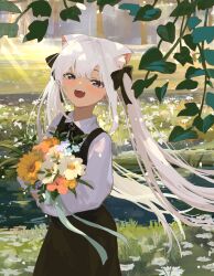 1girl absurdres animal_ear_fluff animal_ears black_bow black_bowtie black_overalls blue_flower blush bouquet bow bowtie cat_ears collared_shirt commentary_request cowboy_shot day dot_nose fang flower green_ribbon hair_bow hair_intakes highres holding holding_bouquet kgt_(pixiv12957613) lake leaf light_rays long_hair open_mouth original outdoors overall_skirt overalls plant purple_eyes red_flower red_rose ribbon rose shirt solo sunbeam sunlight teeth tree twintails upper_teeth_only white_flower white_hair white_shirt yellow_flower