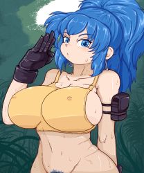 Rule 34 | 1girl, blue hair, blush, bottomless, breasts, collarbone, covered erect nipples, female pubic hair, highres, huge breasts, leona heidern, looking at viewer, navel, ponytail, pubic hair, snk, solo, sports bra, sweat, the king of fighters, the king of fighters xiv, uirou-zazami, upper body