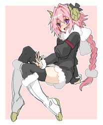 Rule 34 | 1boy, astolfo (fate), black garter straps, black thighhighs, blush, braid, fake horns, fate/apocrypha, fate (series), full body, fur-trimmed collar, fur-trimmed sleeves, fur-trimmed sweater, fur hairband, fur trim, garter straps, hair between eyes, hair intakes, haoro, horn hairband, horns, long braid, long hair, male focus, open mouth, pink hair, purple eyes, sheep horns, simple background, single braid, sitting, smile, solo, sweater, thighhighs, trap, very long hair, white hair, wool