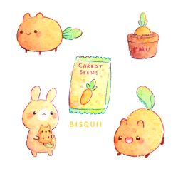 Rule 34 | :3, :d, animal, artist name, bisquii, rabbit, carrot, character name, closed mouth, dog, holding, maru, no humans, open mouth, original, painting (medium), plant, potted plant, simple background, smile, traditional media, watercolor (medium), white background