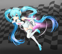 Rule 34 | 1girl, ahoge, aqua eyes, aqua hair, bare shoulders, bodysuit, boots, breasts, cleavage, cleavage cutout, closed mouth, clothing cutout, drogoth, expressionless, female focus, full body, gloves, gradient hair, grey background, hair between eyes, hatsune miku, headphones, high heel boots, high heels, leg up, leotard, long hair, multicolored hair, racing miku, solo, straight hair, thighhighs, twintails, very long hair, vocaloid