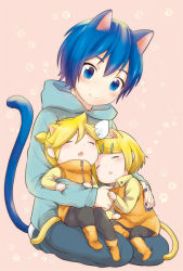 Rule 34 | 1girl, 2boys, animal ears, blonde hair, blue eyes, blue hair, blue nails, blush, boots, cat ears, cat tail, child, drooling, closed eyes, hair ornament, hairclip, hood, hoodie, hug, kagamine len, kagamine rin, kaito (vocaloid), kemonomimi mode, kikuchi mataha, looking at another, multiple boys, nail polish, open mouth, paw print, seiza, short hair, simple background, sitting, sitting on lap, sitting on person, sleeping, smile, tail, vocaloid, aged down
