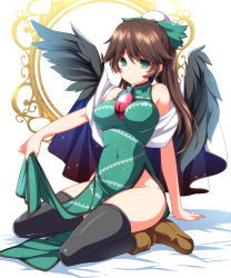 Rule 34 | 1girl, alternate costume, bare shoulders, black wings, boots, bow, breasts, brown hair, cape, china dress, chinese clothes, dress, green eyes, hair bow, highres, large breasts, long hair, looking at viewer, monety, no panties, reiuji utsuho, solo, thighhighs, touhou, wings