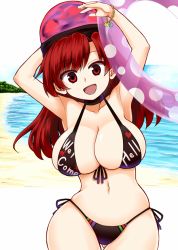 Rule 34 | 1girl, bad id, bad pixiv id, beach, bikini, black bikini, breasts, chain, clothes writing, commentary request, hecatia lapislazuli, innertube, large breasts, long hair, looking at viewer, ocean, open mouth, purple innertube, red eyes, red hair, sky, smile, solo, swim ring, swimsuit, touhou, transparent, zetsumame