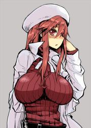 Rule 34 | 1girl, aty, aty (summon night), blush, breasts, hat, huge breasts, impossible clothes, impossible shirt, jacket, long hair, piaisai, red hair, shirt, simple background, solo, summon night, sweater
