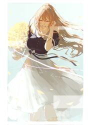 Rule 34 | belt, black shirt, bouquet, bow, buttons, character name, falling petals, flower, furen e lustario, grin, hair between eyes, hand up, highres, holding, holding bouquet, holding flower, light, long hair, long skirt, looking at viewer, nijisanji, no aid, orange hair, parted bangs, parted lips, petals, ponytail, red eyes, ribbon, shirt, sidelocks, skirt, smile, sunlight, white skirt, wind, yellow flower